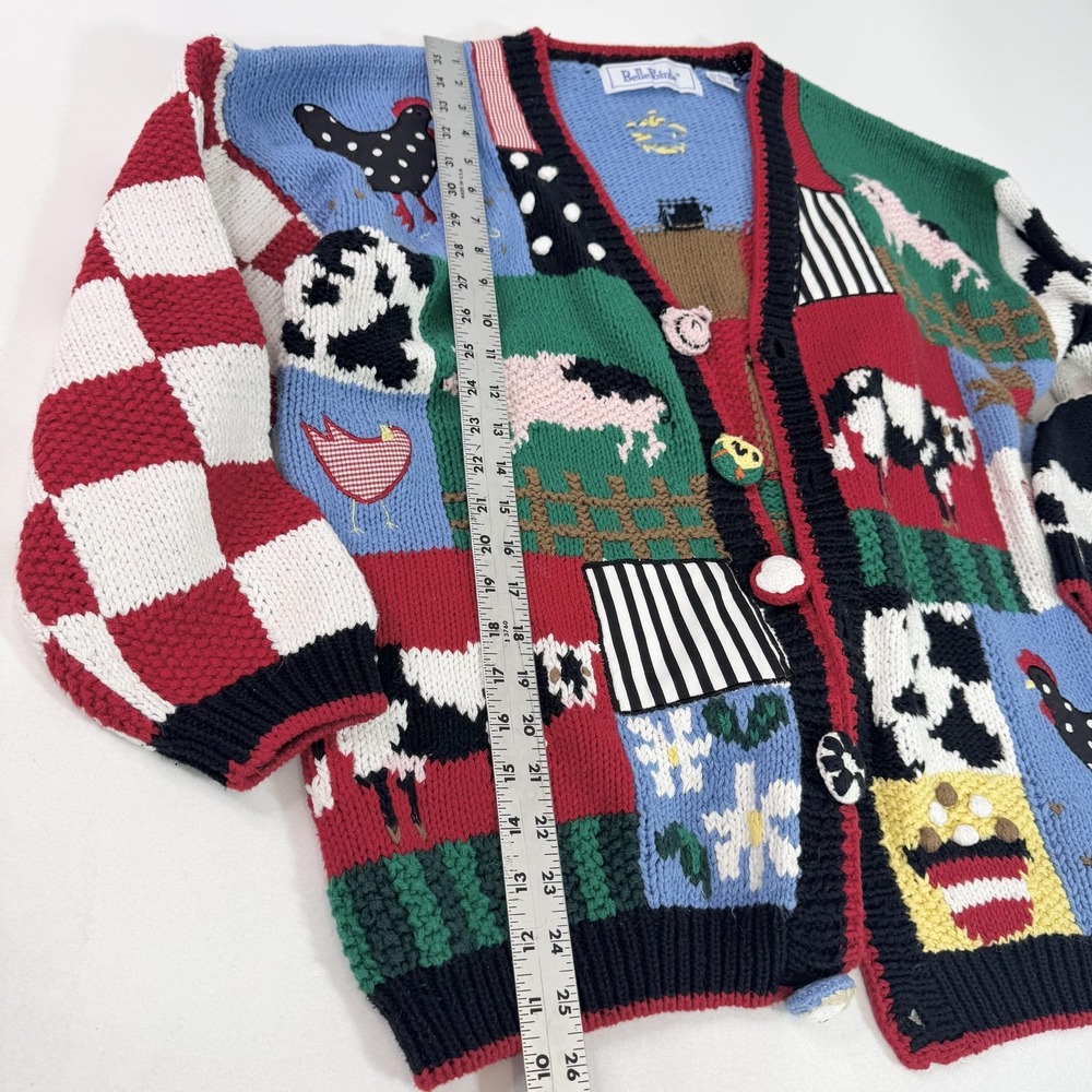 Vintage BellePointe Sweater Cardigan Womens XL Farm Barn Pig Cow Sheep Novelty - Picture 2 of 6